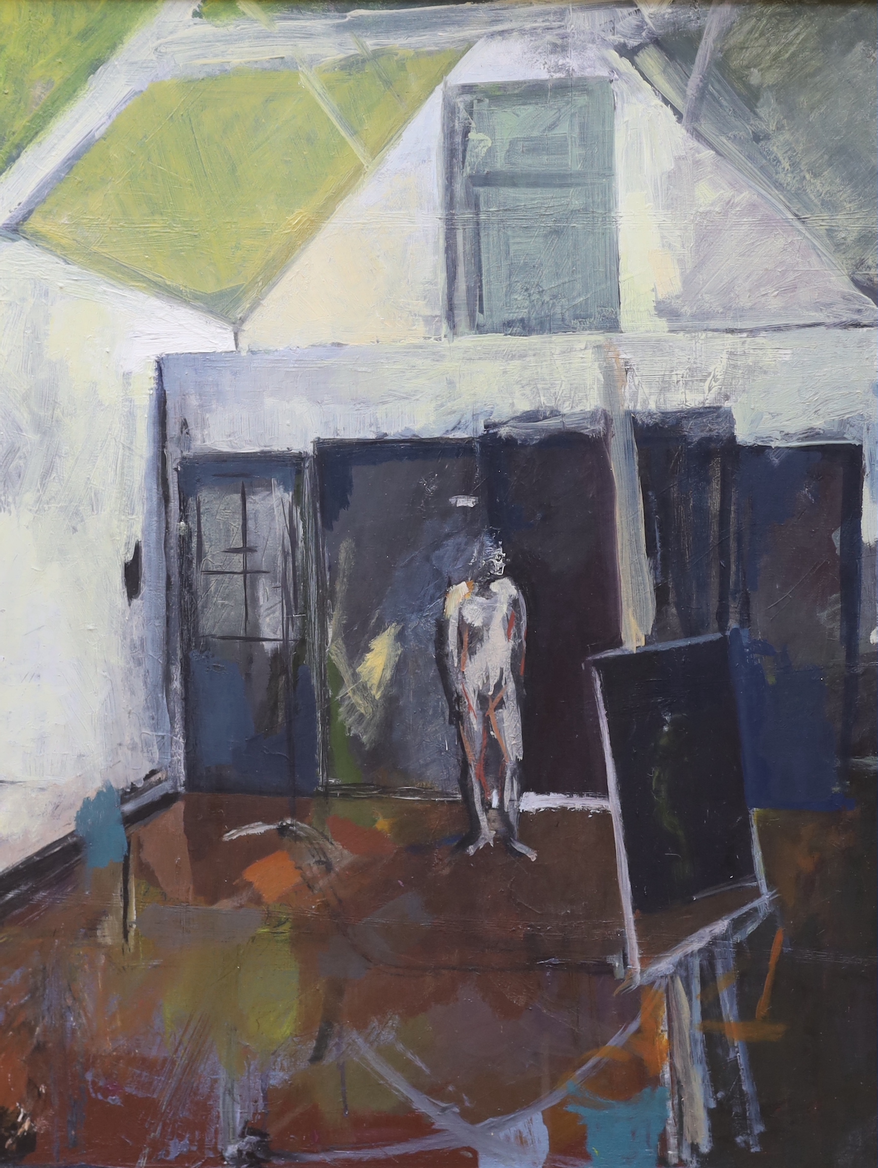 Alasdair Duncan (b.1971), abstract oil on canvas, Standing figure, The Annexe Gallery inscribed label verso, 72 x 56cm